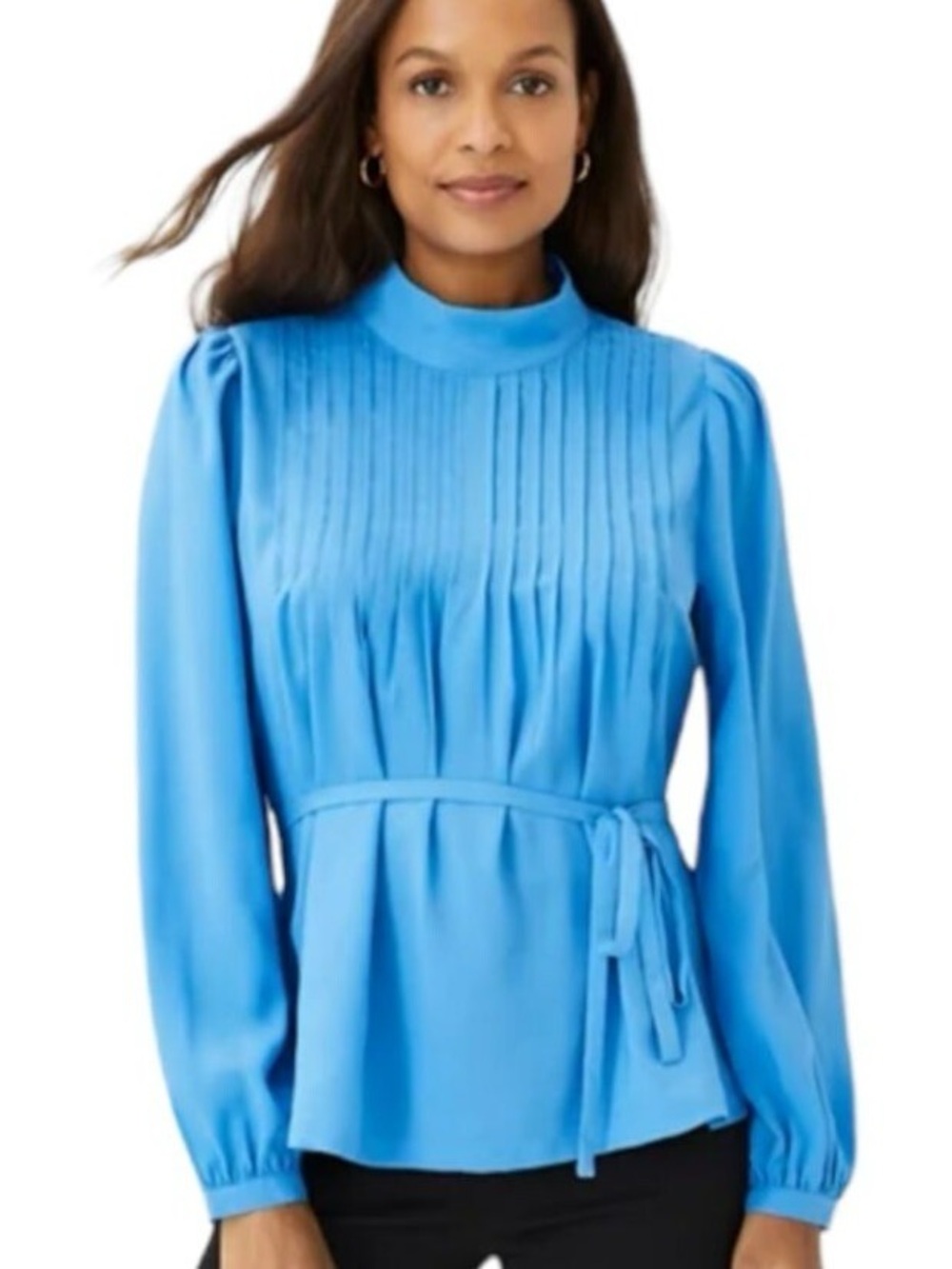 Ann Taylor Mock Neck Pleated Top Pintucked Tie Waist Blouse | SM